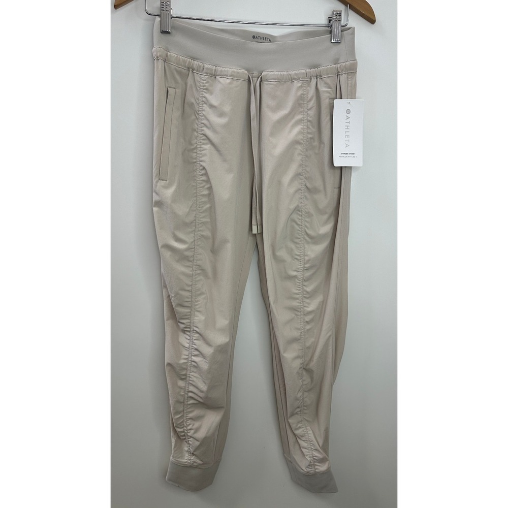 NWT Athleta Attitude II Pants Ruched Mid Rise Jogger Womens Size 4 / P Beige Tan - Picture 2 of 13